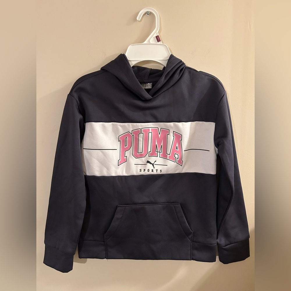 Puma Girls Medium Gray & White Hoodie Pink Puma Sports Graphic Athleisure Comfy